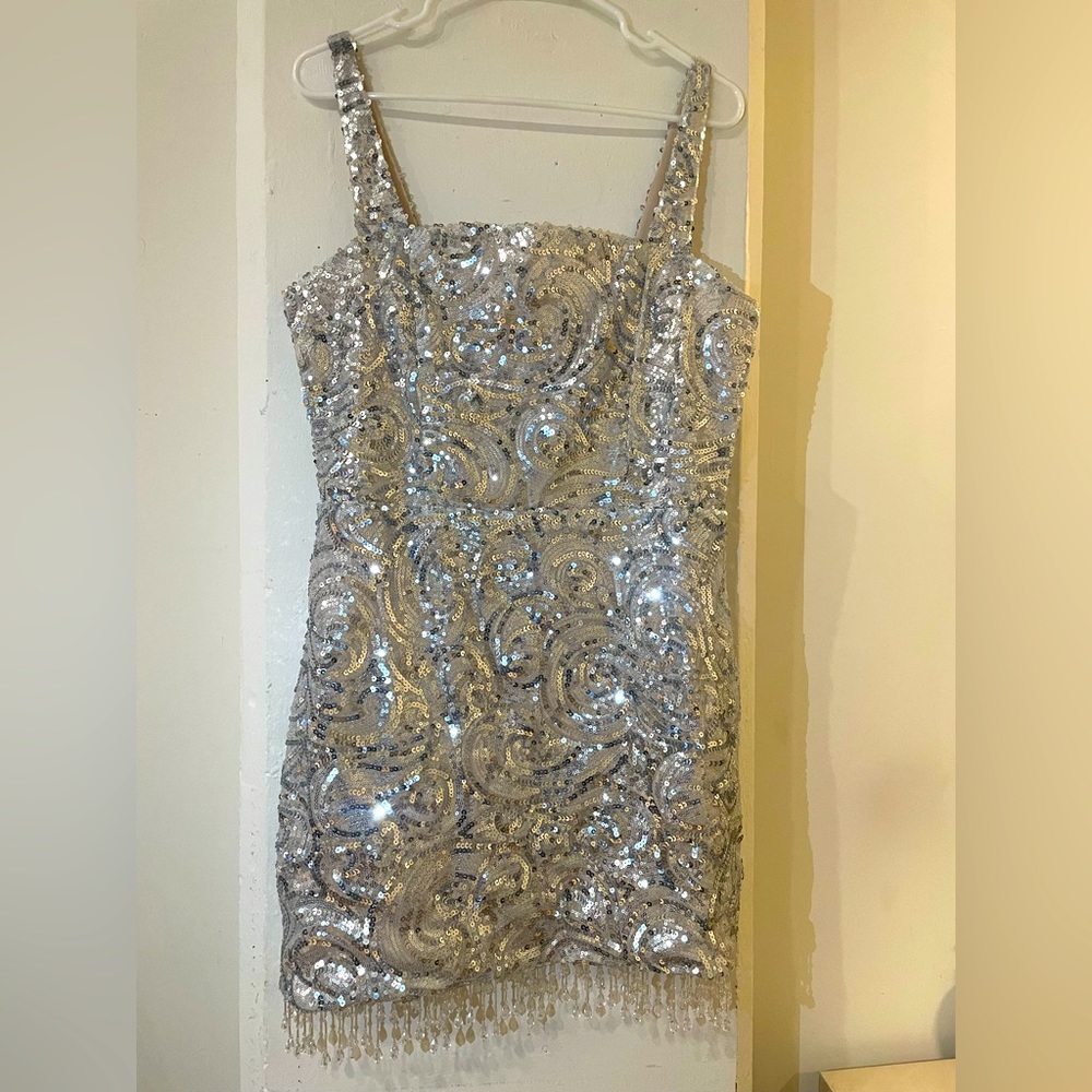 Sequin silver mini dress with beaded fringe